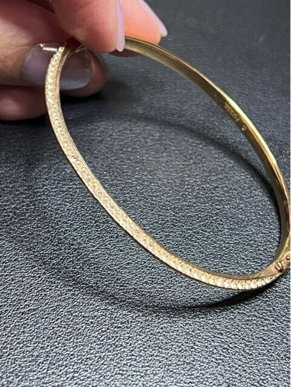 B7320 Fossil Hinged Bangle Bracelet Pave Crystal Gold Tone Fashion Jewelry 7"